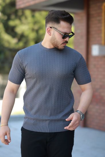 Erkek Bisiklet Yaka örgü Desenli Kısa örme Triko Kısa Kollu T-shirt resmi